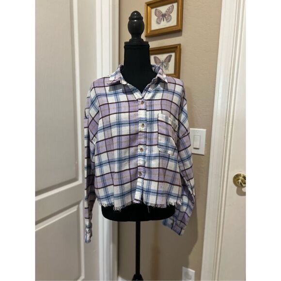 Soft purple and white Just Polly flannel shirt with frayed hem - Picture 1 of 5